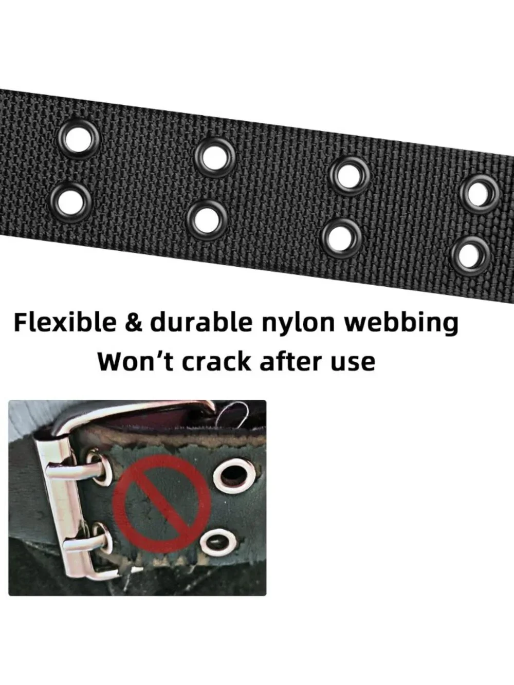 Plus Size Double Prong Belt 39-71'' Black Grommet Nylon Unisex Adjustable Belt